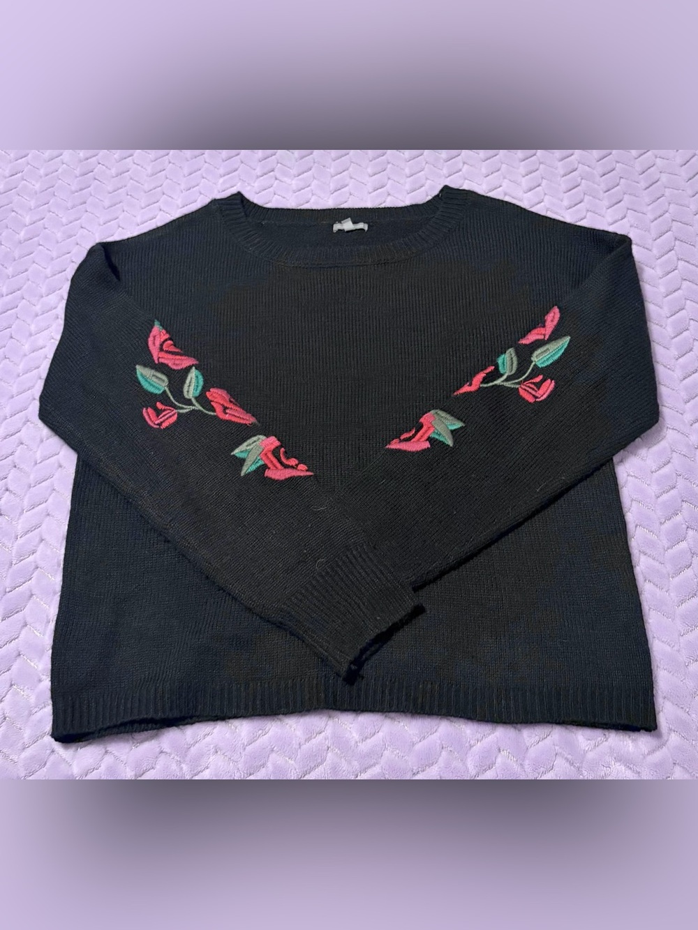 Charlotte Russe Black Crewneck Sweater with Red Rose Embroidery